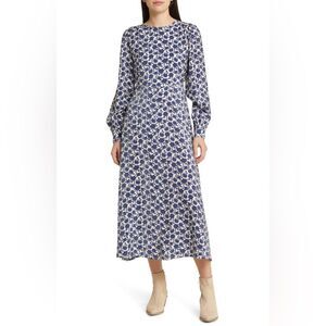 NWT Treasure & Bond P Celia Tie-Back Blue and Ivory Floral Long Sleeve Dress